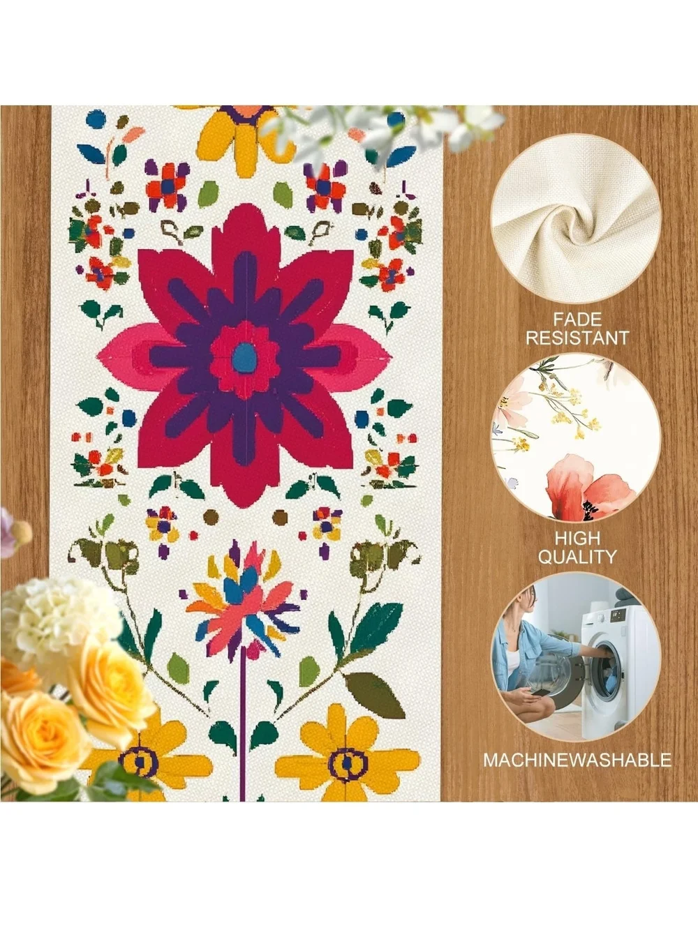 Floral Tile Pattern Table Runner and Placemats Set - Multicolor